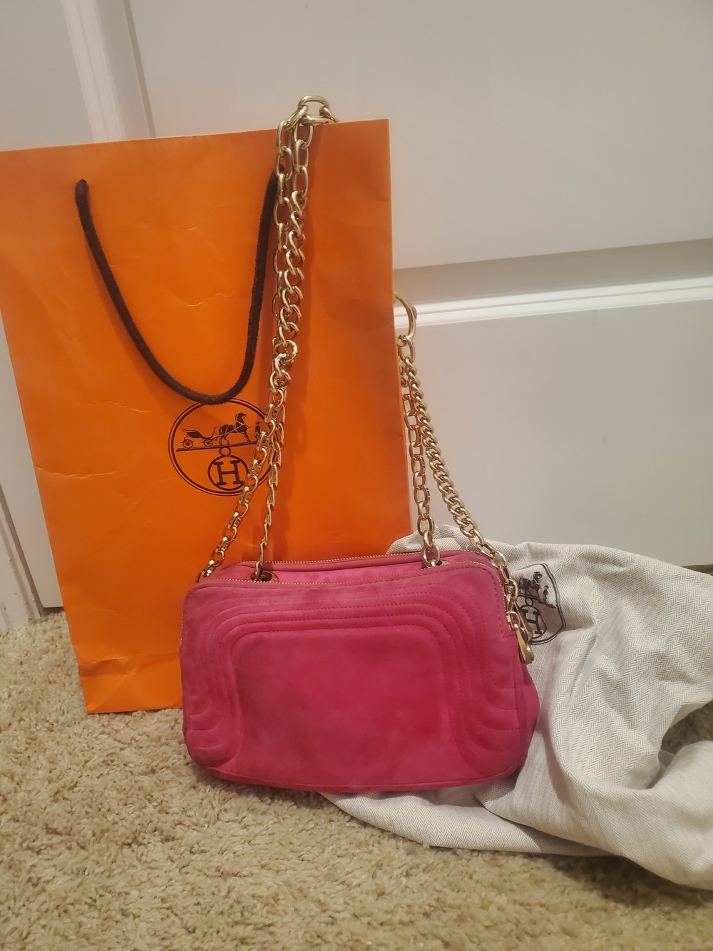 Hermes Pink Suede Shoulder Bag with Gold Chain